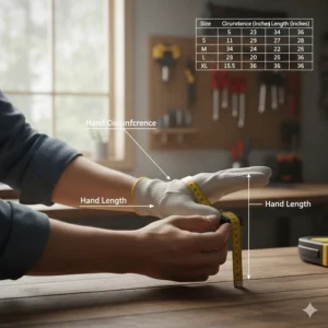 Illustration showing how to measure hand circumference and length for proper work glove sizing.