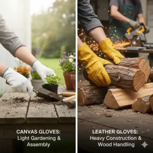 A guide showing canvas gloves for light gardening and leather gloves for heavy construction and wood handling.