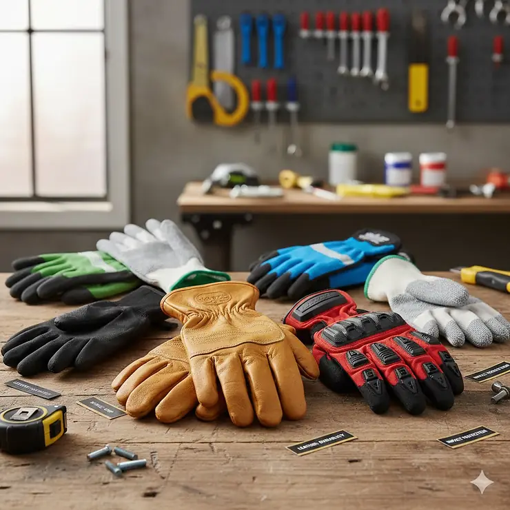 A variety of professional work gloves, including leather, nitrile-coated, and impact-resistant styles, arranged on a wooden workbench. work gloves buying guide