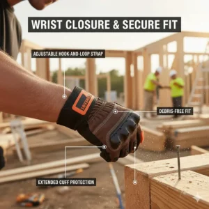 Illustration of an adjustable hook-and-loop wrist closure ensuring a debris-free fit for framing professionals.