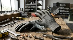 Diagram showing the breathable HPPE and glass fiber blend used in ANSI A2 cut resistant liners.