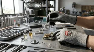 Close-up of ANSI A2 gloves being used for precision assembly of small metal parts.