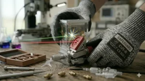 Cut resistant gloves protecting a technician while adjusting sensitive laser calibration tools on a workbench.