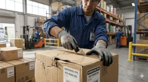 Worker using ANSI A2 cut gloves to safely handle cardboard boxes and packaging materials.