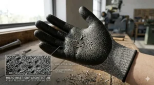 Close-up illustration of the sandy nitrile palm coating on an ANSI A2 cut glove for enhanced grip.