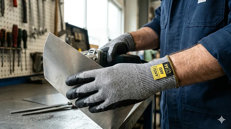 A pair of high-visibility ANSI A4 cut resistant gloves featuring a grey polyurethane coating for enhanced grip and palm protection.