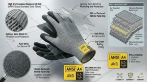 Worker wearing ANSI A4 cut resistant gloves while safely handling sharp-edged sheet metal in an industrial setting.