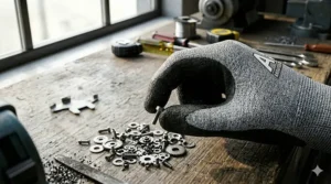 A photorealistic 4K close-up detailing an ANSI A5 cut resistant glove from image_0.png gripping a tiny hex screw, demonstrating precision and high dexterity.