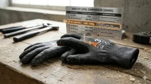 A comparison chart showing ANSI cut levels highlighting the A3 rating for 1000-1499 grams of cut resistance.