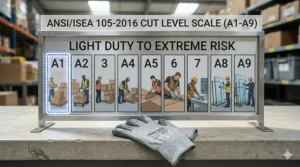 Safety chart showing ANSI cut resistance levels with ANSI A1 highlighted for light-duty hazards.