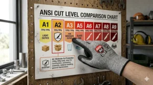 A comparison chart showing ANSI cut levels from A1 to A9 highlighting the A2 protection zone.