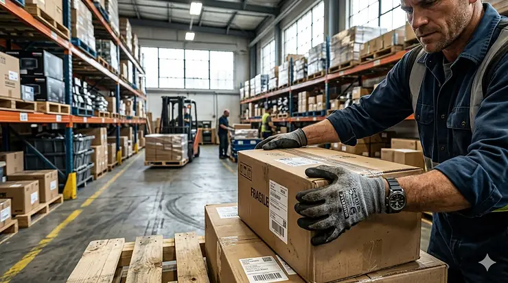 A warehouse worker wearing heavy-duty protective work gloves while handling a cardboard shipping box. work gloves for warehouse work
