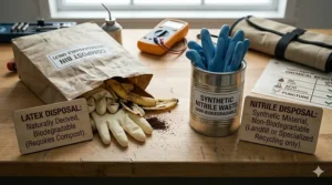 An illustration showing biodegradable latex gloves in a compost bin versus synthetic nitrile gloves in a recycling container.