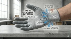Diagram illustrating airflow and moisture-wicking properties of lightweight ANSI A1 cut resistant gloves.