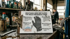 Illustration highlighting the breathable knit back of a grip glove used for greasy mechanical work.
