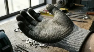 A photorealistic 4K close-up detailing the porous composite knit shell and elastic wrist of an ANSI A5 cut resistant glove, highlighting breathability and comfort for all-day wear.
