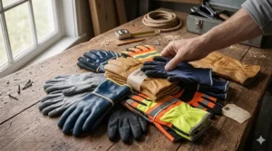 An illustration showing budget work gloves with a Level 3 cut-resistance rating for warehouse safety.