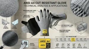 Diagram of ANSI A4 cut resistant gloves showing the high-performance polyethylene (HPPE) and glass fiber knit construction.
