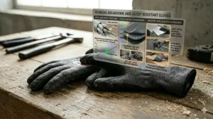 Protective ANSI A3 gloves being used to handle light sheet metal with smooth edges to prevent lacerations.