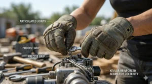 A worker demonstrating precise grip and finger dexterity while wearing wear resistant work gloves for precision tasks.