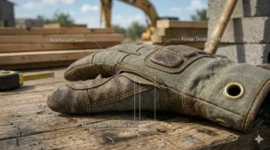 Macro view showing double-stitched seams and multi-layer construction on long lasting work gloves for maximum tear strength.