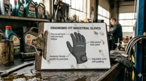 Illustration of the ergonomic design and hand-form fit of oily-grip work gloves to reduce hand fatigue.