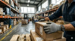 Illustration of an anatomical glove design showing flexible finger joints for warehouse manual labor.