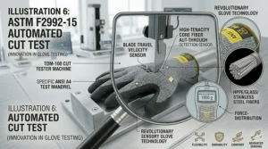 Illustration showing the flexibility and high dexterity of seamless knit ANSI A4 cut resistant gloves during fine motor tasks.