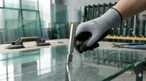 A photorealistic 4K close-up detailing an ANSI A5 cut resistant glove from image_0.png guiding a glass cutting tool across a pane of glass.