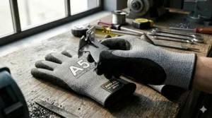 A photorealistic 4K close-up detailing the intricate blend of HPPE and Kevlar fibers that provide ANSI A5 cut protection when gripping sharp metal edges.