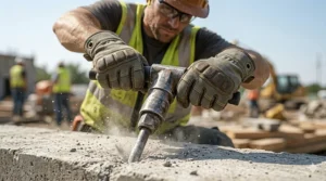 Heavy duty work gloves with impact-resistant knuckle guards being used during high-vibration jackhammer operation.