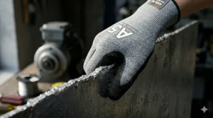 A photorealistic 4K close-up detailing an ANSI A5 cut resistant glove from image_0.png gripping a jagged metal edge in a manufacturing workshop.