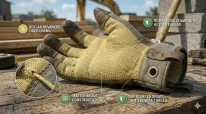 Detailed view of work gloves with a Kevlar advanced fiber lining and matrix-weave construction for high-performance safety.