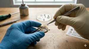 Hands wearing thin latex work gloves performing high-precision assembly of small mechanical watch parts.