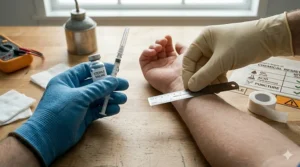 Professional use of sterile latex gloves in a medical setting for a patient examination.