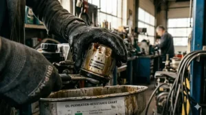 Mechanic using black nitrile-coated grip gloves while performing an oil change on a vehicle.