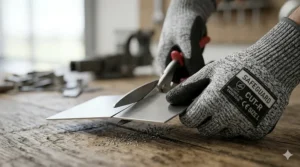 Hands wearing cut resistant gloves using industrial shears to cut through a metal sheet.