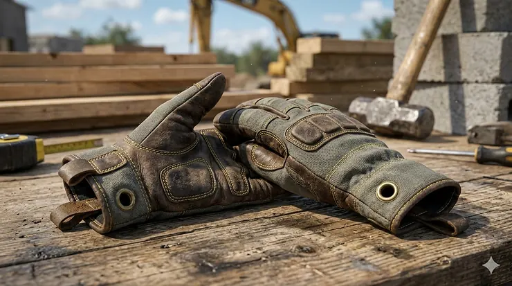 A pair of the most durable work gloves featuring reinforced leather palms and Kevlar stitching resting on a construction site workbench.