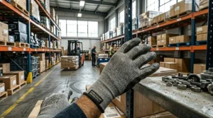 Illustration of a nitrile-dipped glove showcasing durability against abrasion in logistics environments.