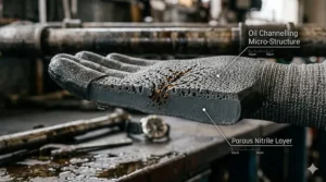 Close-up illustration of micro-porous nitrile coating designed to channel oil away for better grip.