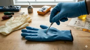 A close-up of a sharp tool pressing against a blue nitrile glove to demonstrate its superior puncture resistance.