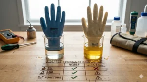Blue nitrile and ivory latex gloves submerged in beakers of oil and chemicals to test resistance levels.
