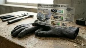 An illustration showing the micro-foam nitrile palm coating on an ANSI A3 cut resistant glove for enhanced grip.