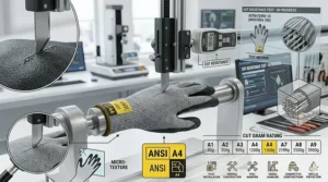 Macro view of a sandy nitrile palm coating on A4 level gloves providing oil resistance and a non-slip grip.