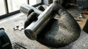 A 4K photorealistic close-up detailing the textured sandy nitrile palm coating of an ANSI A5 cut resistant glove gripping a wet steel component.