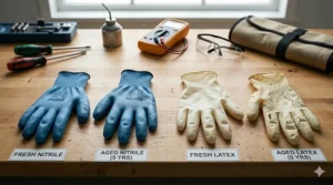 A comparison of fresh and aged gloves showing how latex degrades and cracks over 5 years while nitrile remains intact.