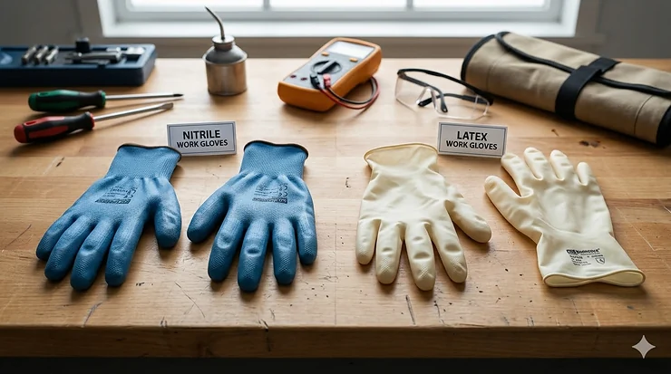 A side-by-side comparison of blue nitrile and cream-colored latex work gloves on a workbench with tools. nitrile vs latex work gloves
