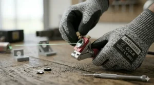 Cut resistant gloves being used for high-precision laboratory work involving green lasers and optics.