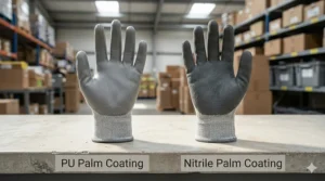 Comparison of polyurethane and nitrile palm coatings on ANSI A1 cut resistant gloves for enhanced grip.