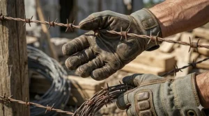 Wear resistant work gloves providing superior puncture protection while handling sharp barbed wire fencing on a ranch.